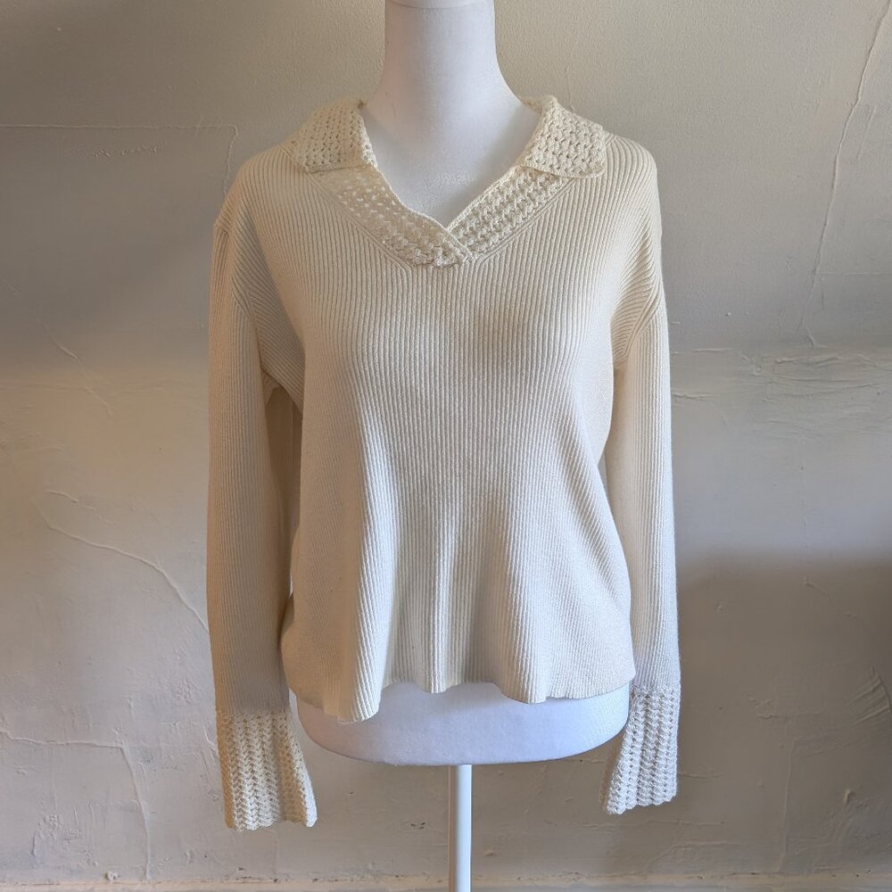 vintage 90s emma james crochet collared sweater top in white/cream (large)
